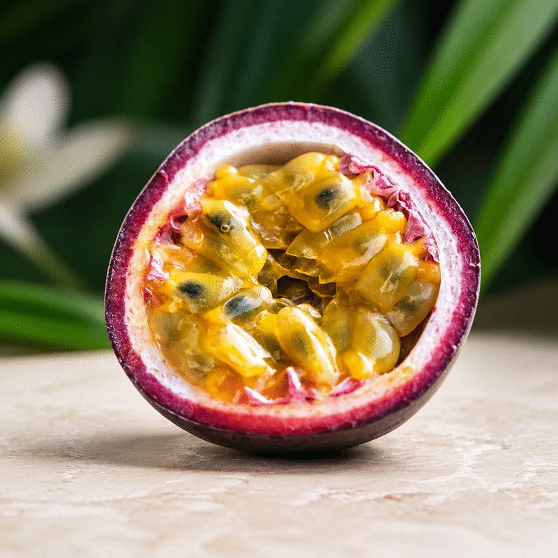 Passionterapia - fruta de la pasión fresca cortada por la mitad